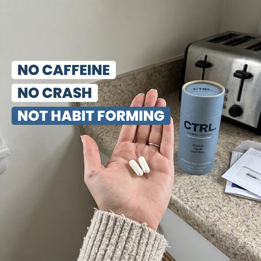 Two CTRL capsules in a palm: no caffeine, no crash, not habit forming