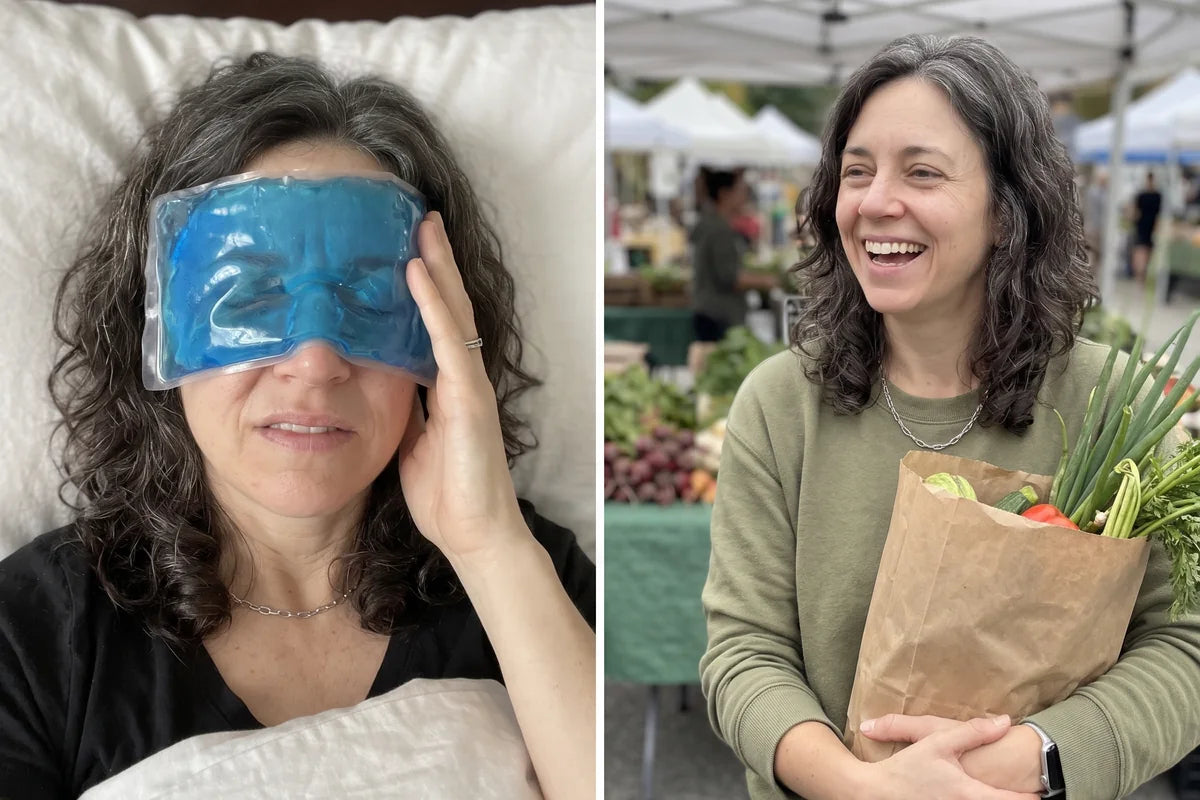 The same woman on a Saturday before, in bed with the blackout curtains drawn and an ice pack on her head, and on a Saturday after four weeks, laughing at a sunny farmers market