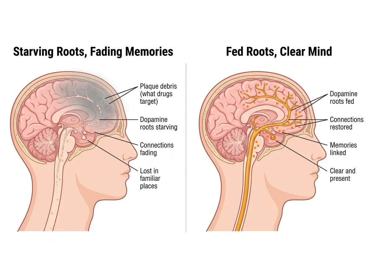 Before: starving dopamine roots and fading memories. After: fed roots and a clear mind