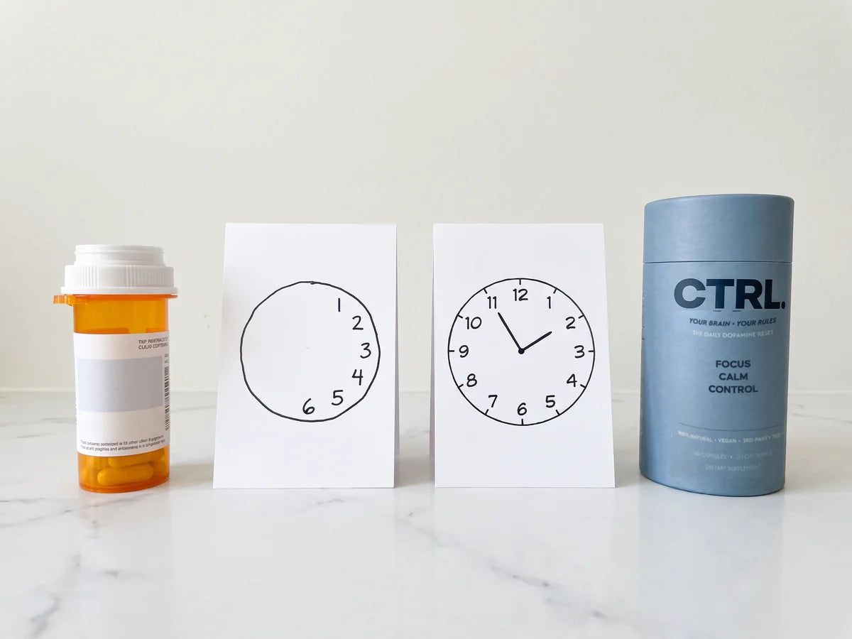 A prescription bottle next to two clock drawings, one scrambled and one correct, and a CTRL tube