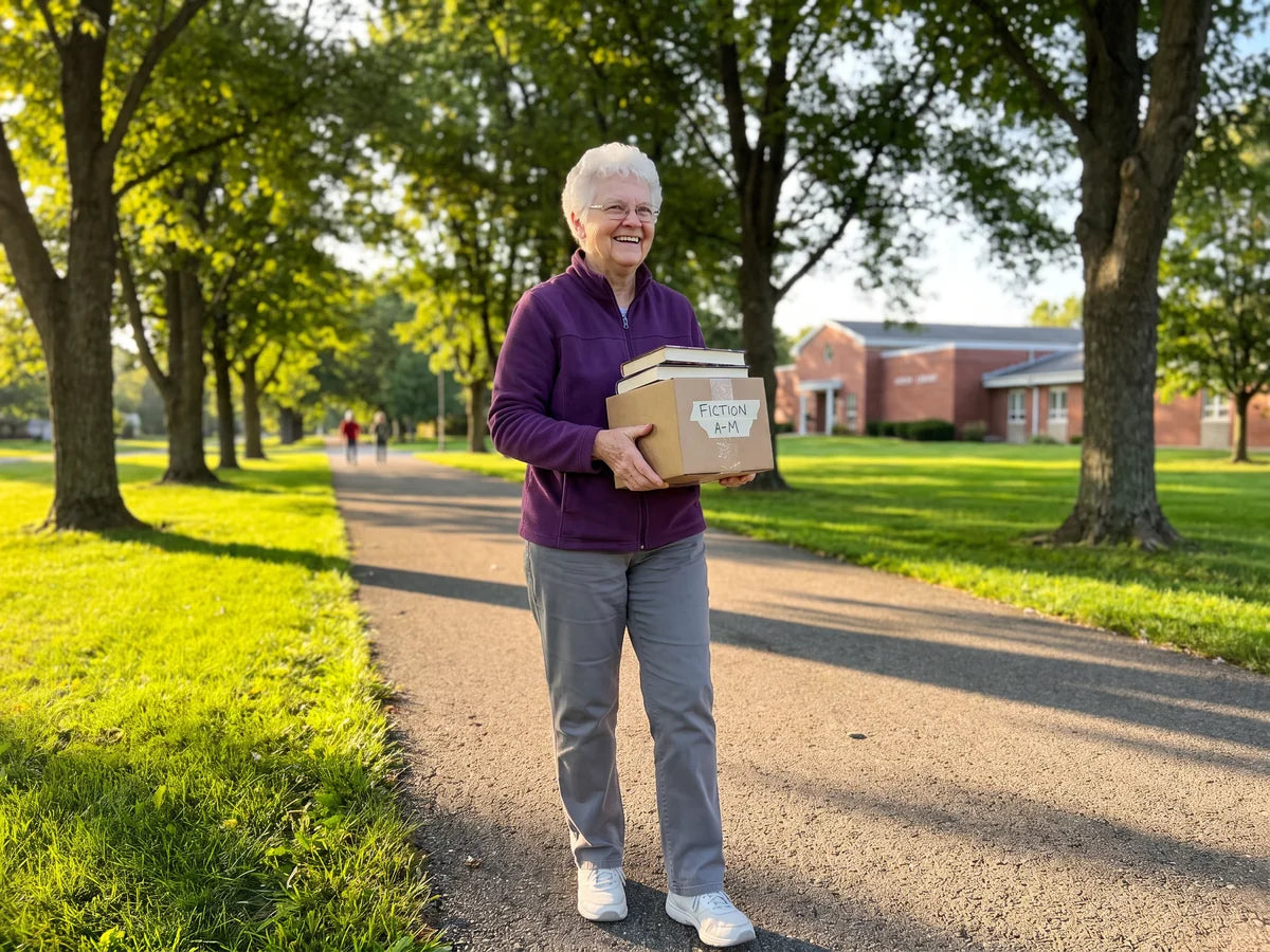 Margaret walking up a sunny path toward the library, carrying a stack of books
