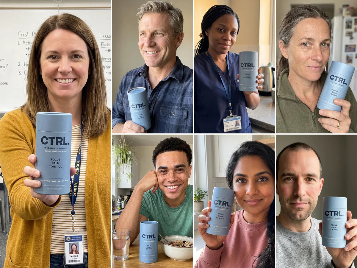 A collage of CTRL customers holding their tubes