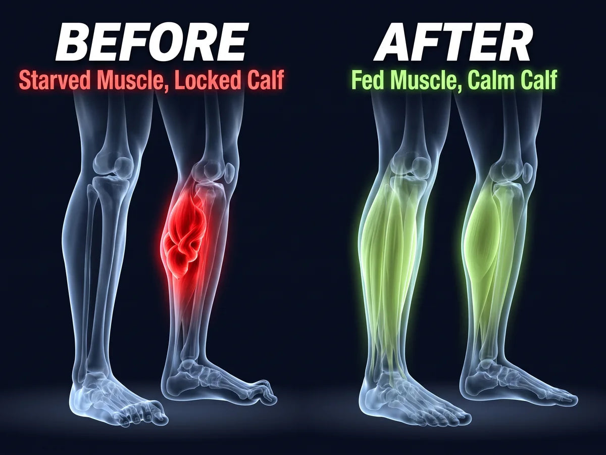 Before: a starved calf muscle clenched in a cramp with the toes curled under. After: a fed, relaxed calf muscle with the foot flat