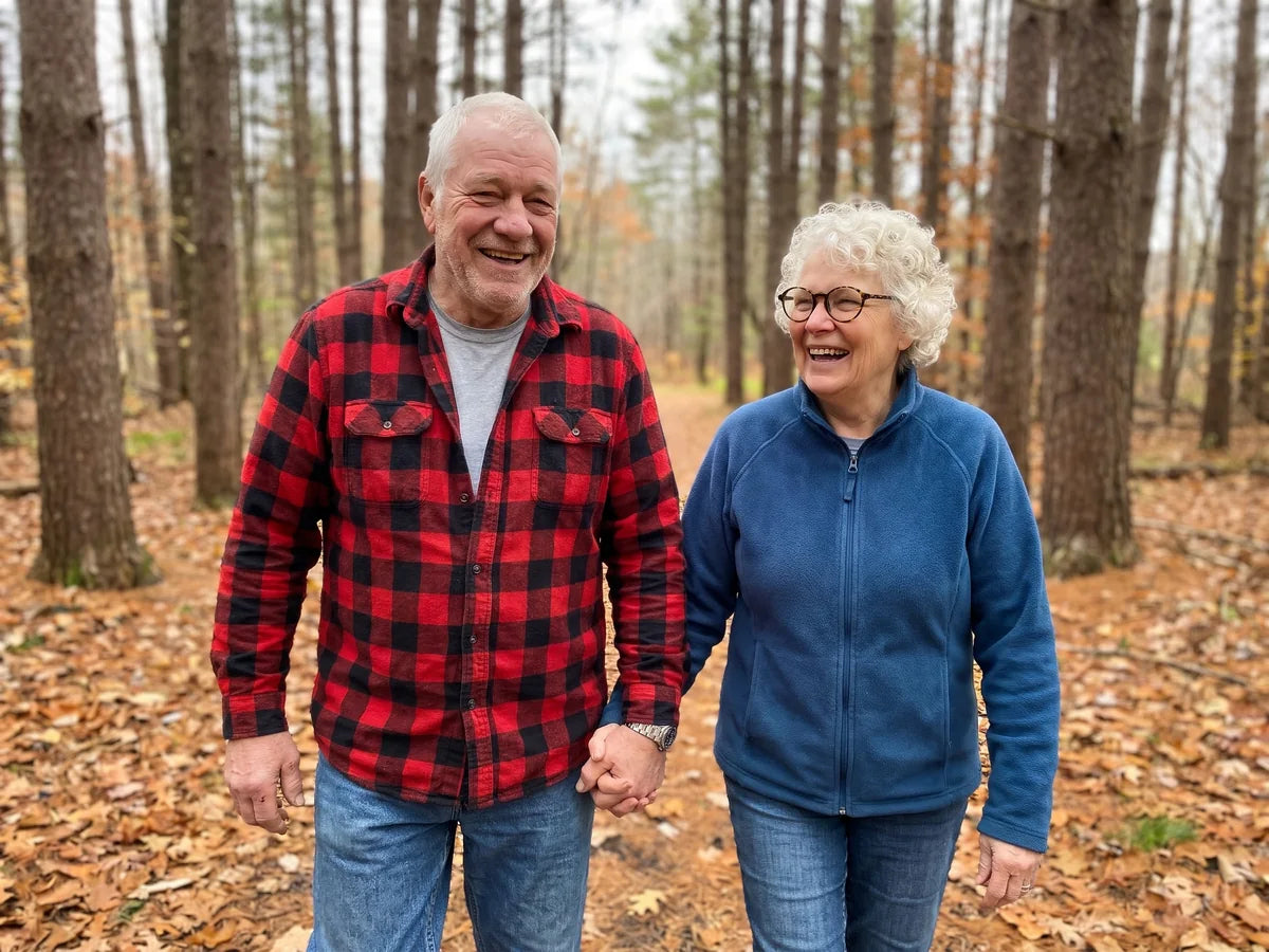 Frank and Joan walking hand in hand on a forest trail on an autumn morning, laughing