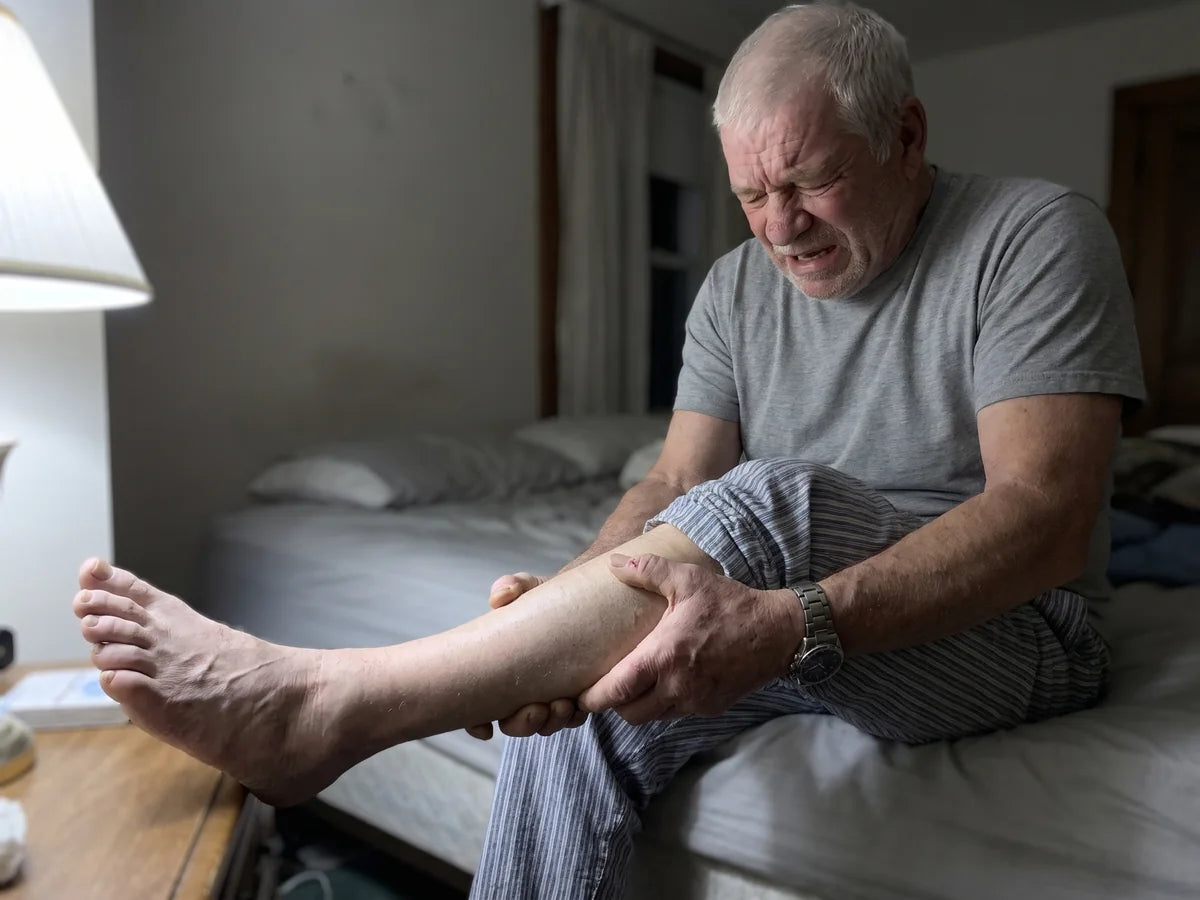 Frank sitting on the edge of his bed at night, his right leg stretched out straight with the toes curled, both hands clamped around his cramping calf, his face twisted in pain