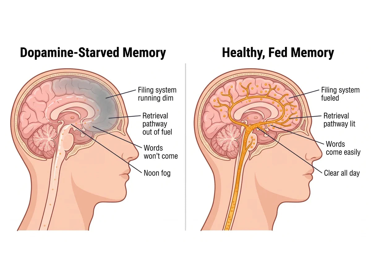 Before: a dopamine starved memory system. After: a healthy, fueled memory system