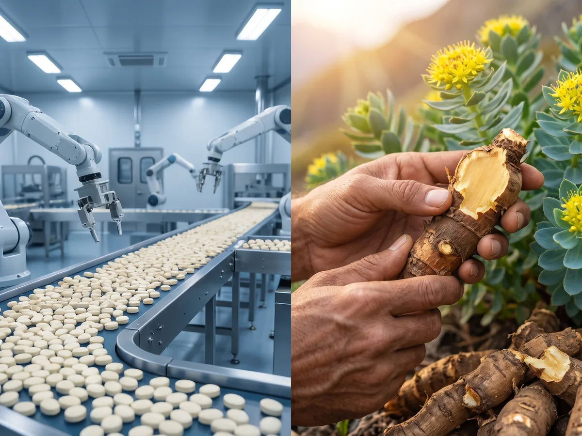 A clean capsule production line next to hands holding a fresh Rhodiola root