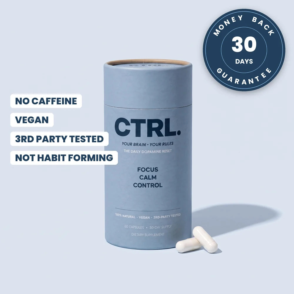 CTRL: no caffeine, vegan, third party tested, not habit forming, 30 day money back guarantee