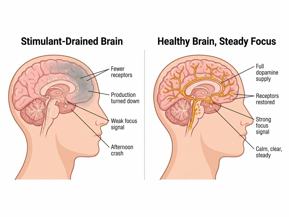 Before: a stimulant drained brain with fewer receptors. After: a healthy brain with a full dopamine supply