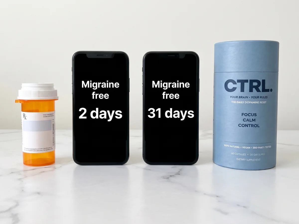 A prescription bottle next to two phones showing 2 days and 31 days migraine free, and a CTRL tube