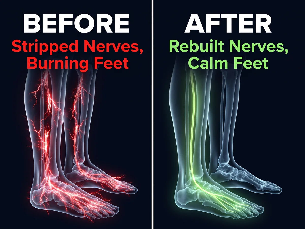 Before: stripped nerves crackling with red sparks in burning feet. After: rebuilt nerves glowing calm green all the way into the toes