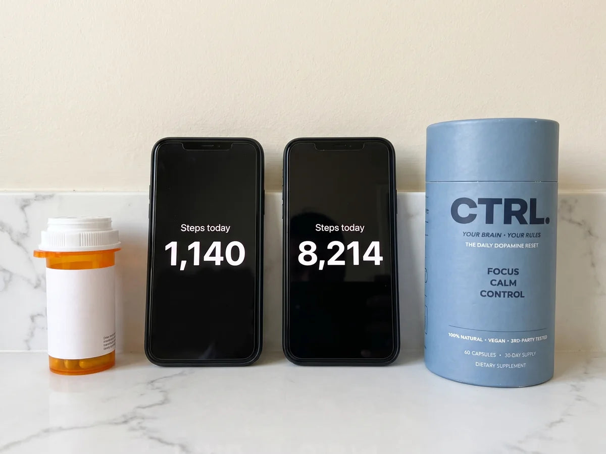 A prescription bottle next to two phones showing 1,140 steps and 8,214 steps today, and a CTRL tube