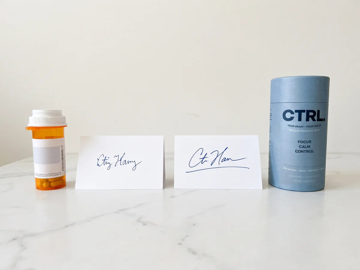 A prescription bottle next to two handwritten signatures, one shaky and one smooth, and a CTRL tube