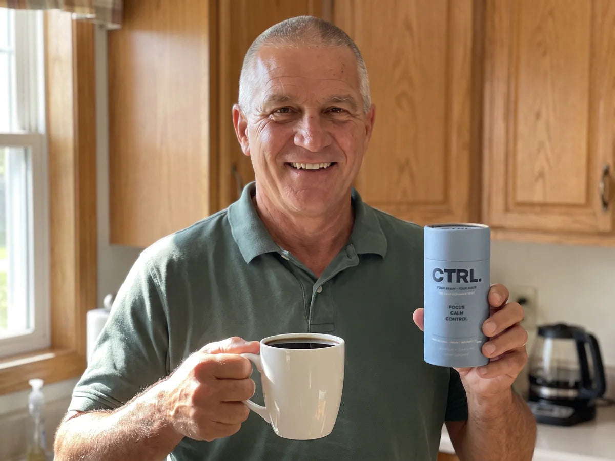 Robert smiling in his kitchen, holding CTRL and a full cup of coffee perfectly steady