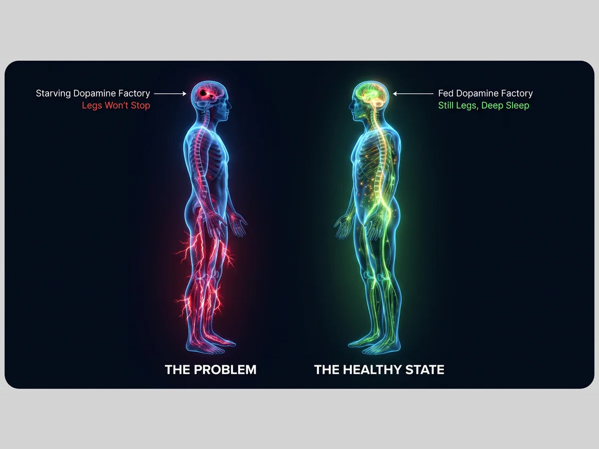 Before: a starving dopamine factory and legs crackling with restless signals. After: a fed factory and still, calm legs