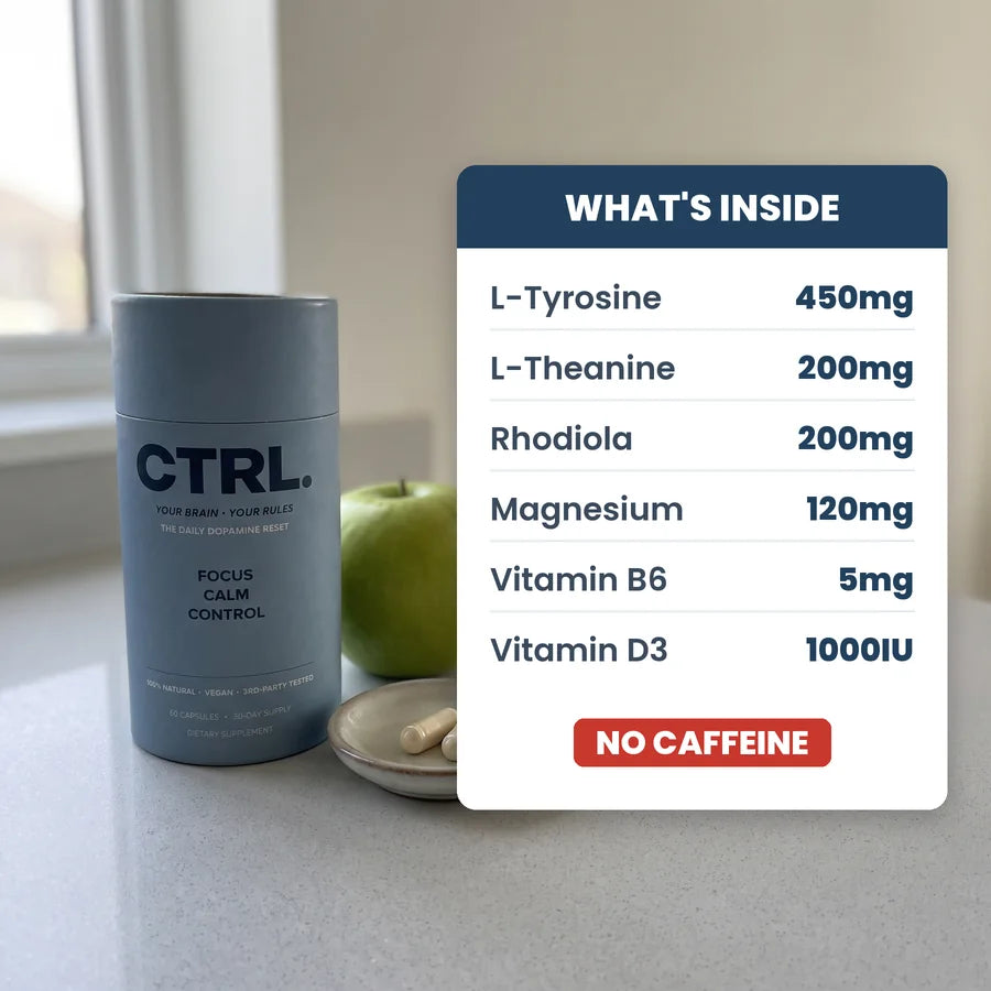 The CTRL tube next to a card listing every ingredient and dose, no caffeine