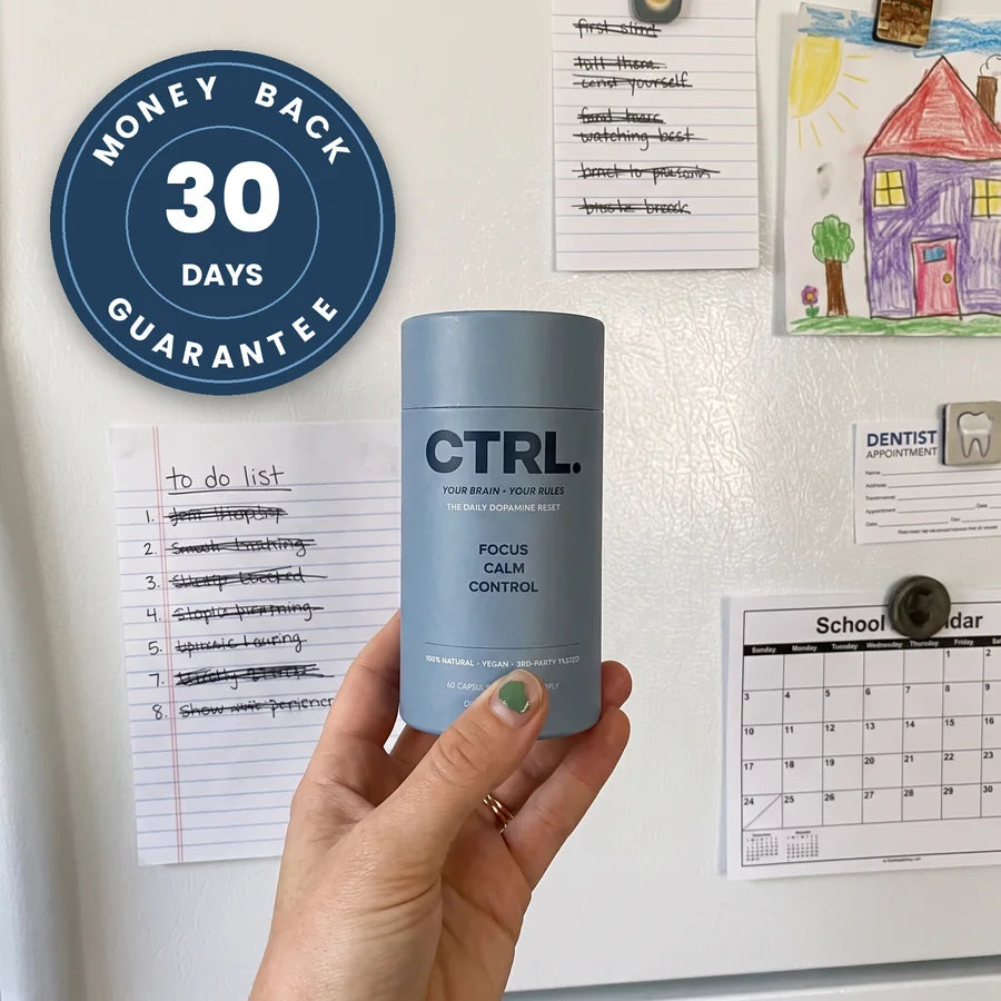 Megan holding CTRL in front of a fridge to-do list with every line crossed off, 30 day money back guarantee