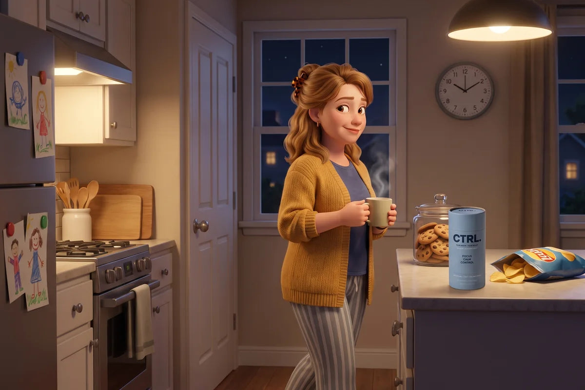 Shelly walks past the closed pantry at 10pm with a mug of tea, the cookie jar and chips untouched