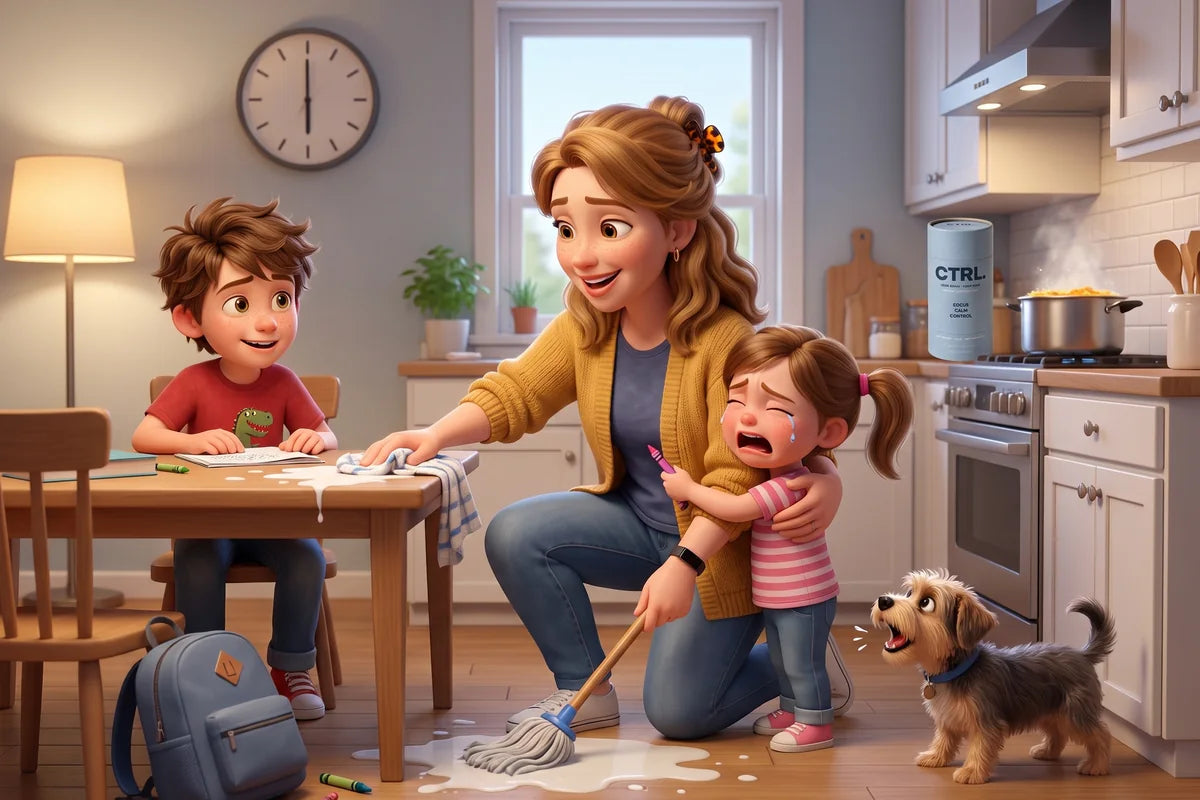 At 6pm the kids spill milk and cry while Shelly stays calm, laughing and hugging them