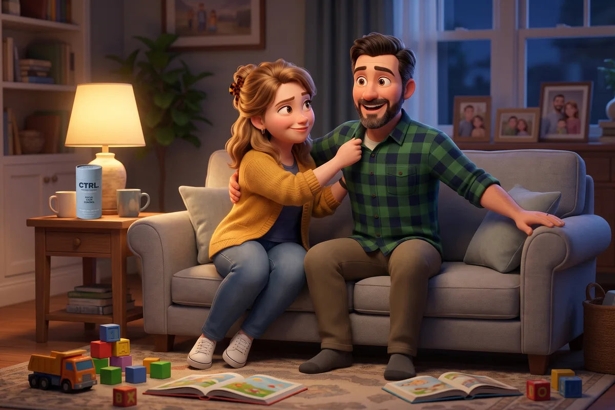 Shelly playfully pulls her husband in on the sofa after the kids are in bed