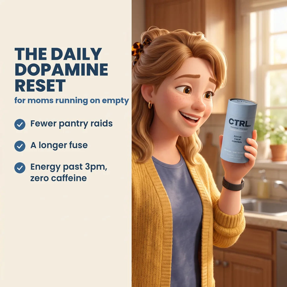 Shelly smiling with her CTRL tube: fewer pantry raids, a longer fuse, energy past 3pm with zero caffeine