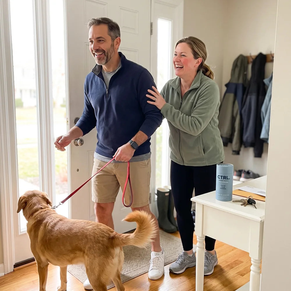 A husband and wife in their fifties heading out the door at 7am with their dog, laughing, CTRL on the hall table