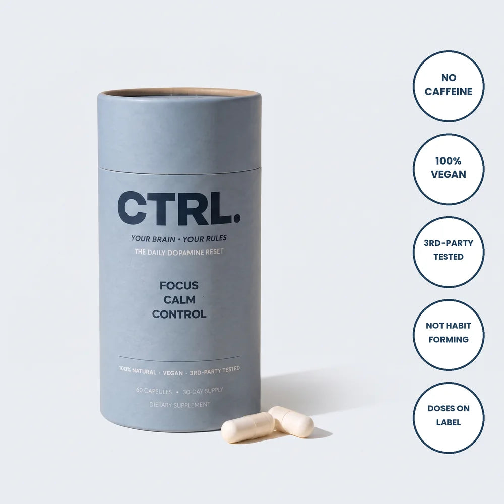 CTRL tube with badges: no caffeine, vegan, third-party tested, not habit forming, doses on the label