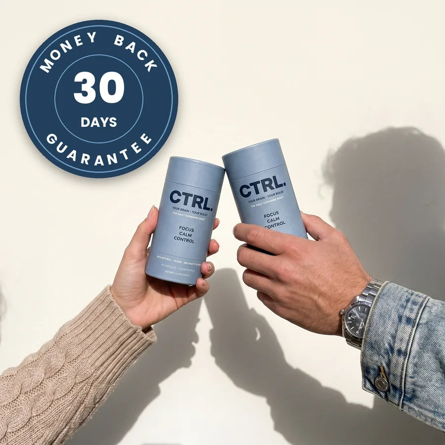 Two hands clinking CTRL tubes together with a 30 day money back guarantee seal