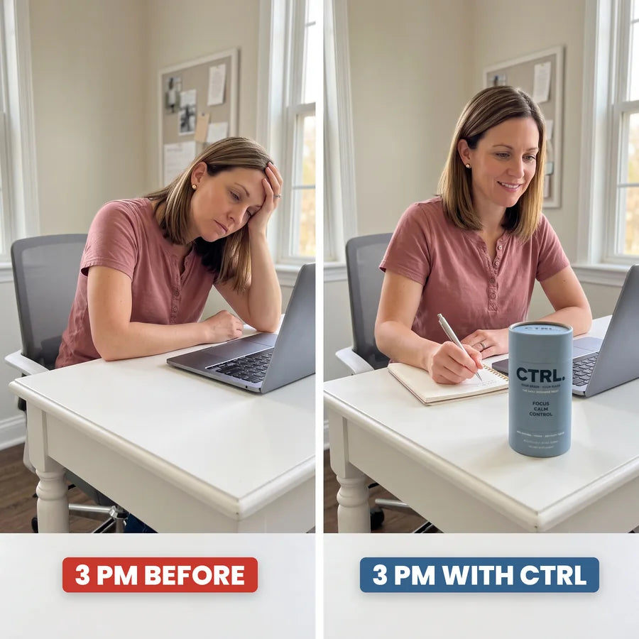 The same woman at 3 PM, slumped before and wide awake with CTRL
