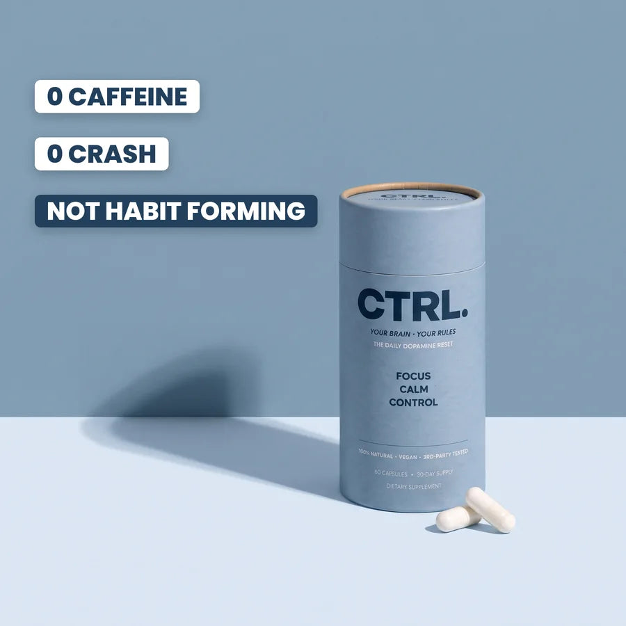 The CTRL tube on a dusty blue backdrop: no caffeine, no crash, not habit forming