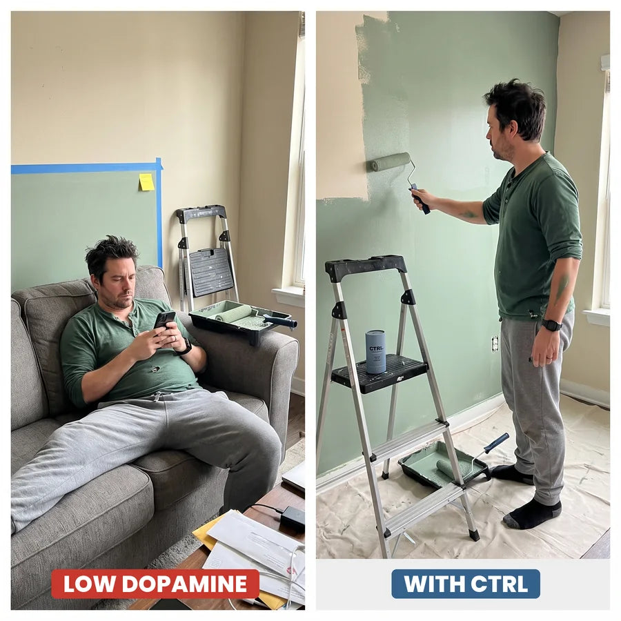 The same man stuck on the sofa next to a half painted wall, then painting it with CTRL on the ladder