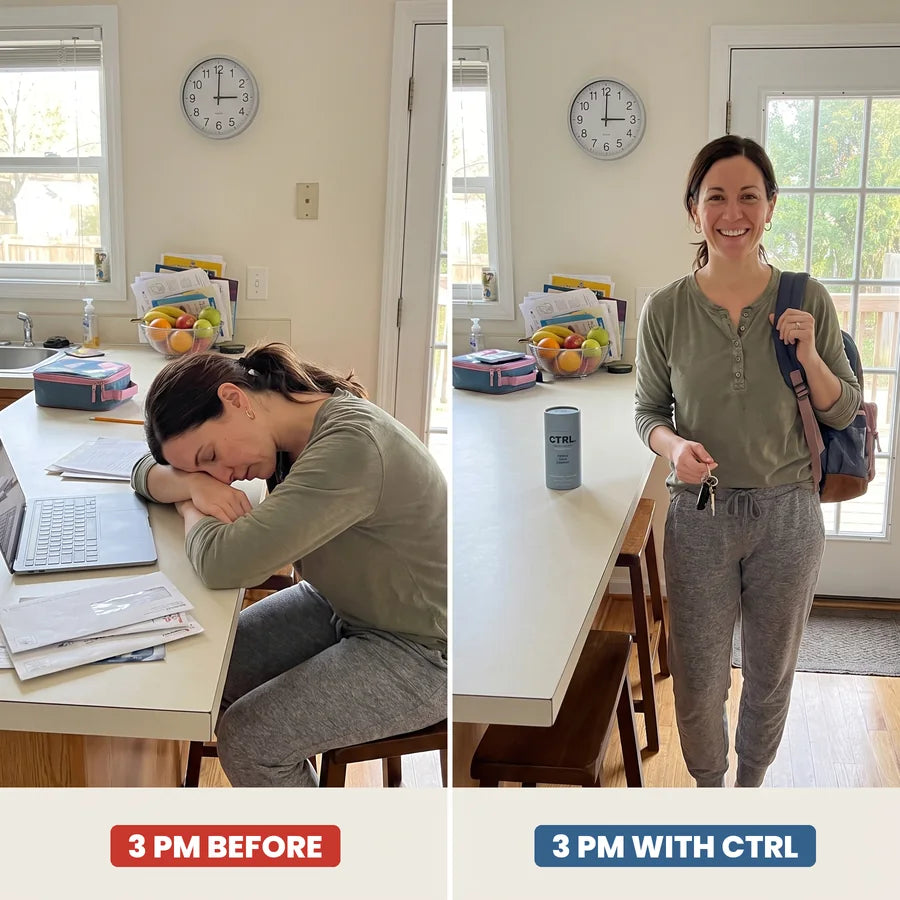 Same woman at 3 PM: slumped at the kitchen table before, out the door full of energy with CTRL