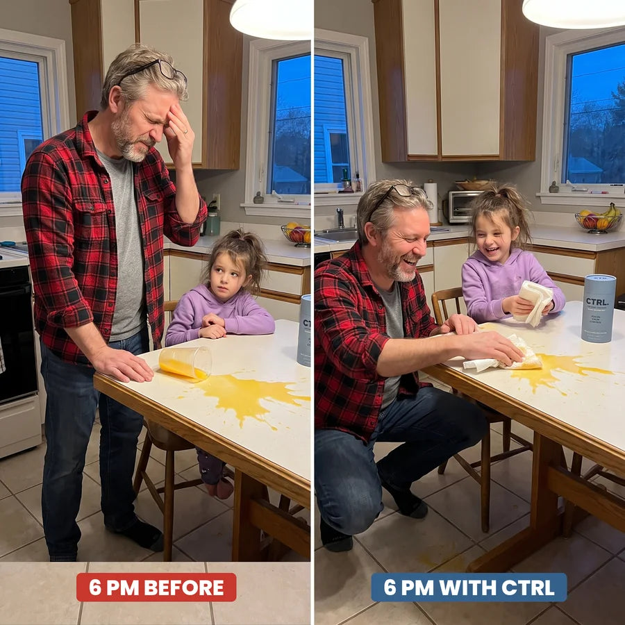 The same dad at 6pm, about to snap over spilled juice, then laughing while cleaning it up with his daughter