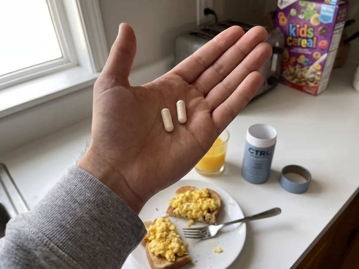Two CTRL capsules in a palm over breakfast