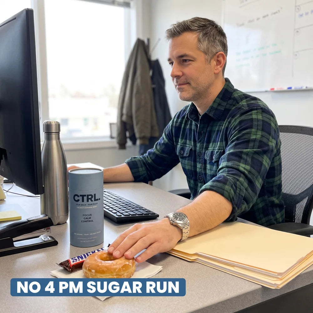 A man at his desk pushing an untouched candy bar and donut away while he works, CTRL next to his keyboard