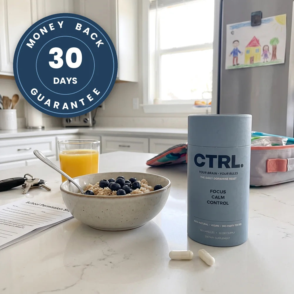 CTRL on a kitchen counter at breakfast with a 30 day money back guarantee seal