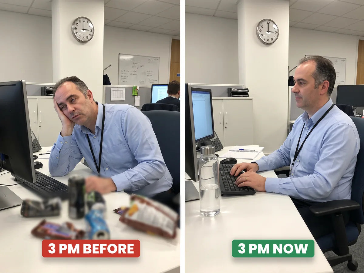 The same man at 3 PM, before slumped at his desk among empty energy drink cans, now upright and working