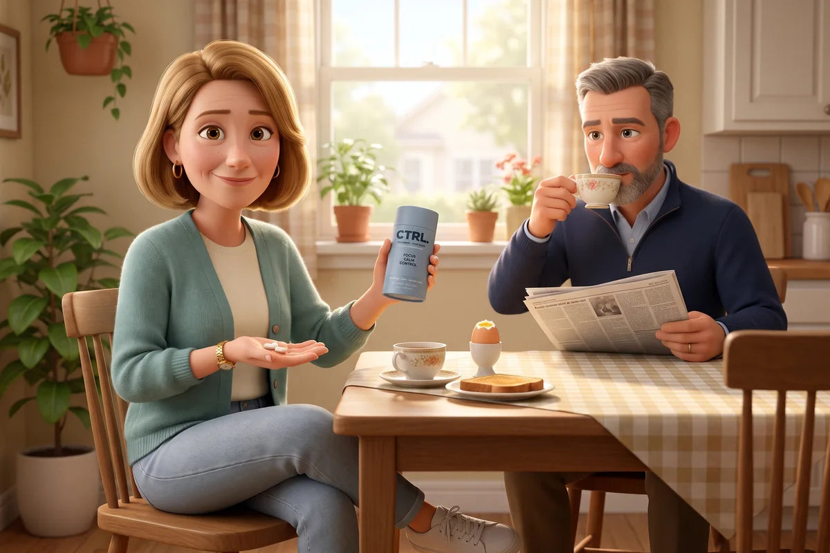 At breakfast with her husband, Carol tips two capsules from the CTRL tube into her palm