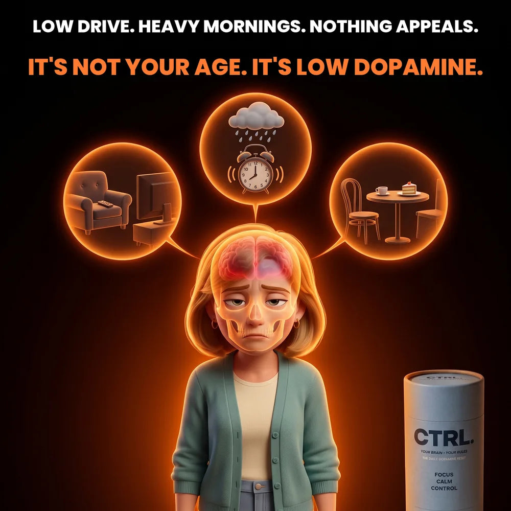 Illustration of a tired woman over 60 with a dim brain: low drive, heavy mornings and nothing appealing are one problem, low dopamine